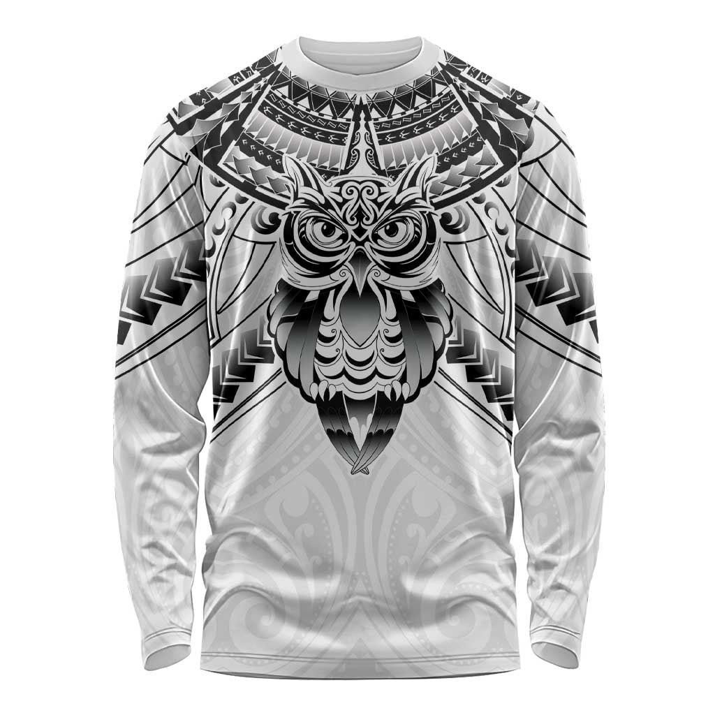 New Zealand Morepork Long Sleeve Shirt Maori Pattern White LT05 Unisex White - Polynesian Pride