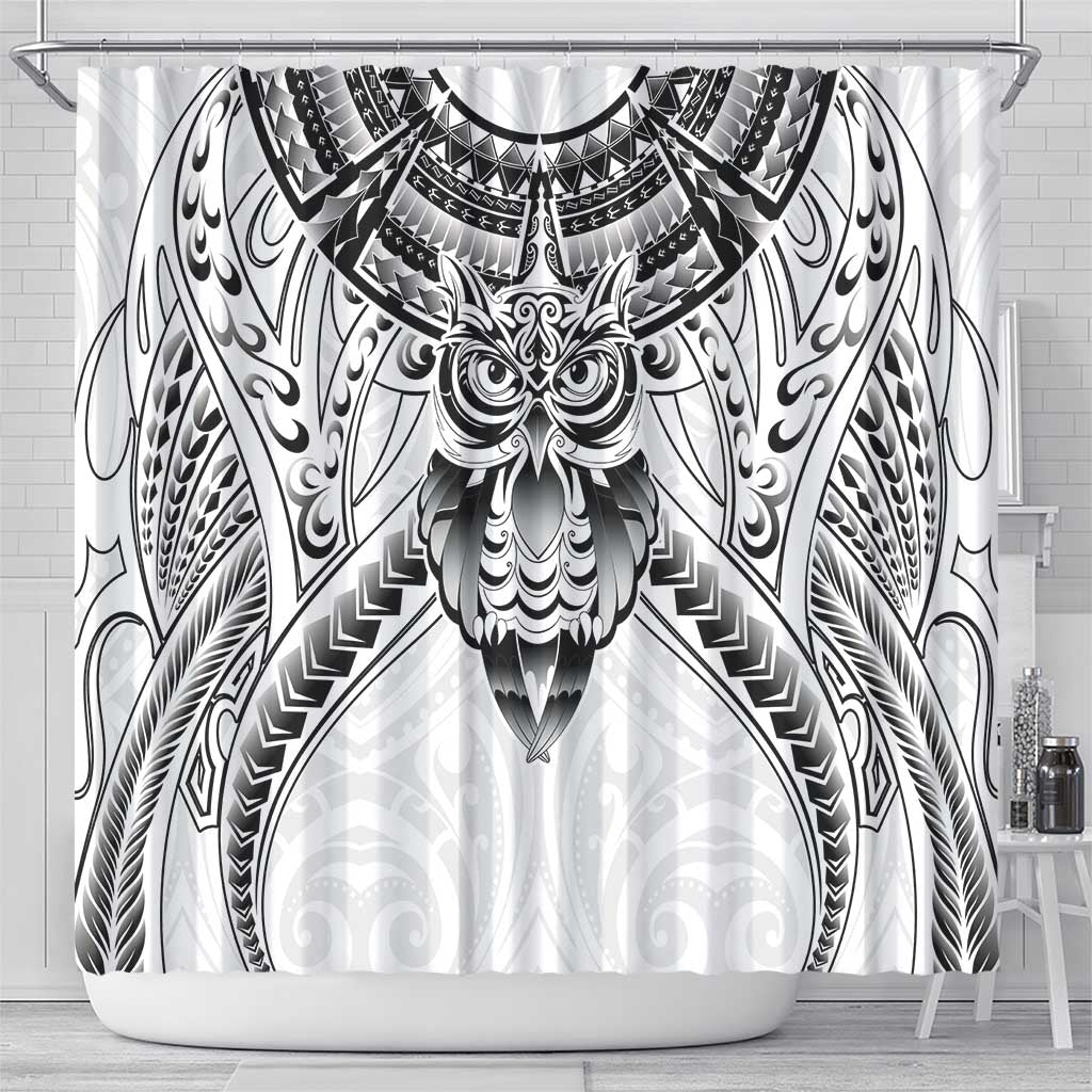 New Zealand Morepork Shower Curtain Maori Pattern White