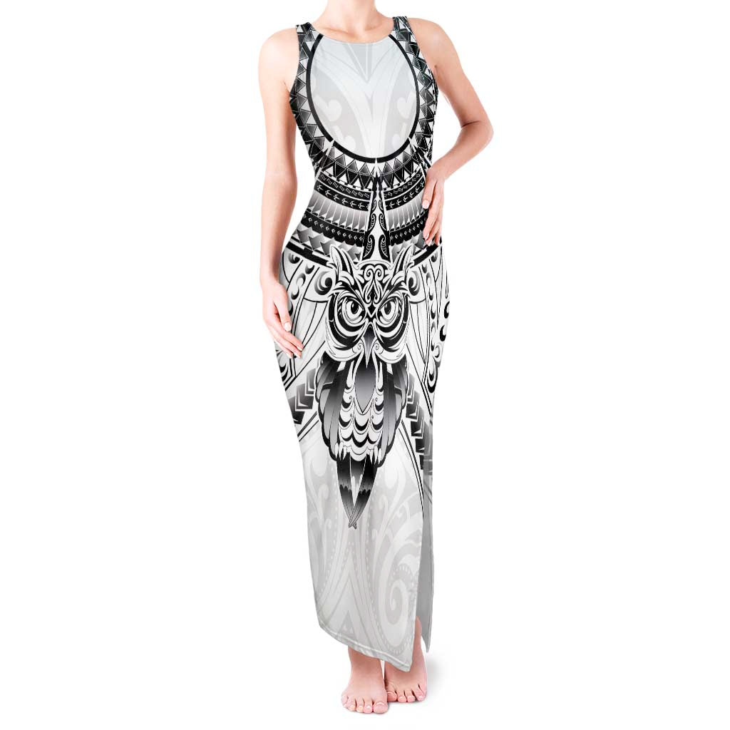 New Zealand Morepork Tank Maxi Dress Maori Pattern White