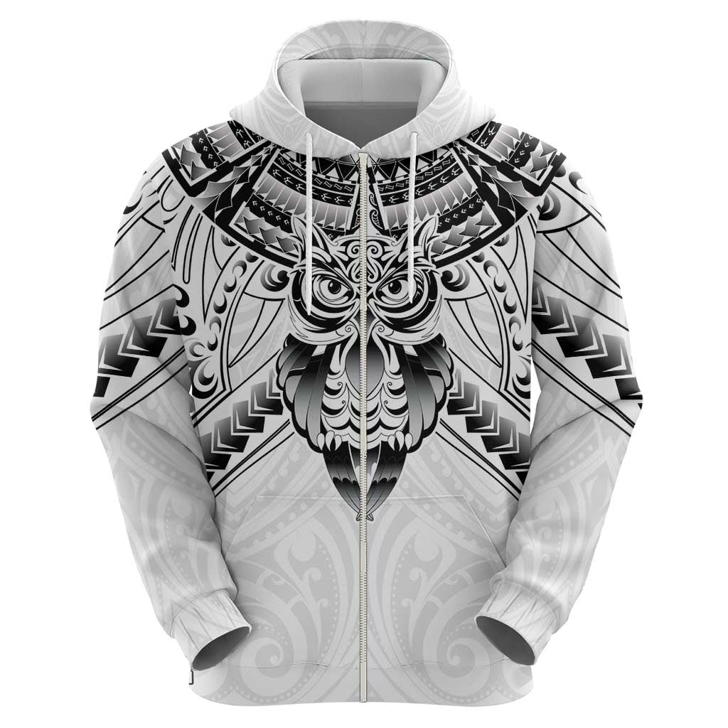 New Zealand Morepork Zip Hoodie Maori Pattern White