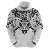 New Zealand Morepork Zip Hoodie Maori Pattern White