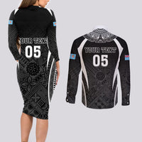 Custom Fiji Rugby Couples Matching Long Sleeve Bodycon Dress and Long Sleeve Button Shirt Fijian Warrior Black