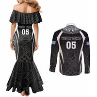 Custom Fiji Rugby Couples Matching Mermaid Dress and Long Sleeve Button Shirt Fijian Warrior Black