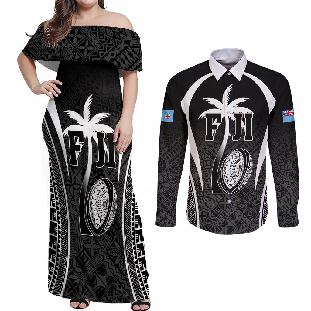 Custom Fiji Rugby Couples Matching Off Shoulder Maxi Dress and Long Sleeve Button Shirt Fijian Warrior Black