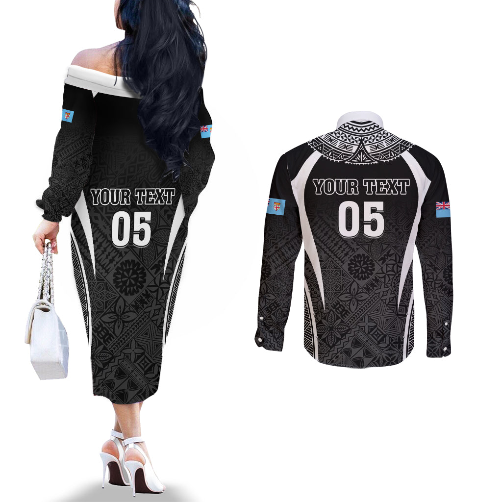 Custom Fiji Rugby Couples Matching Off The Shoulder Long Sleeve Dress and Long Sleeve Button Shirt Fijian Warrior Black