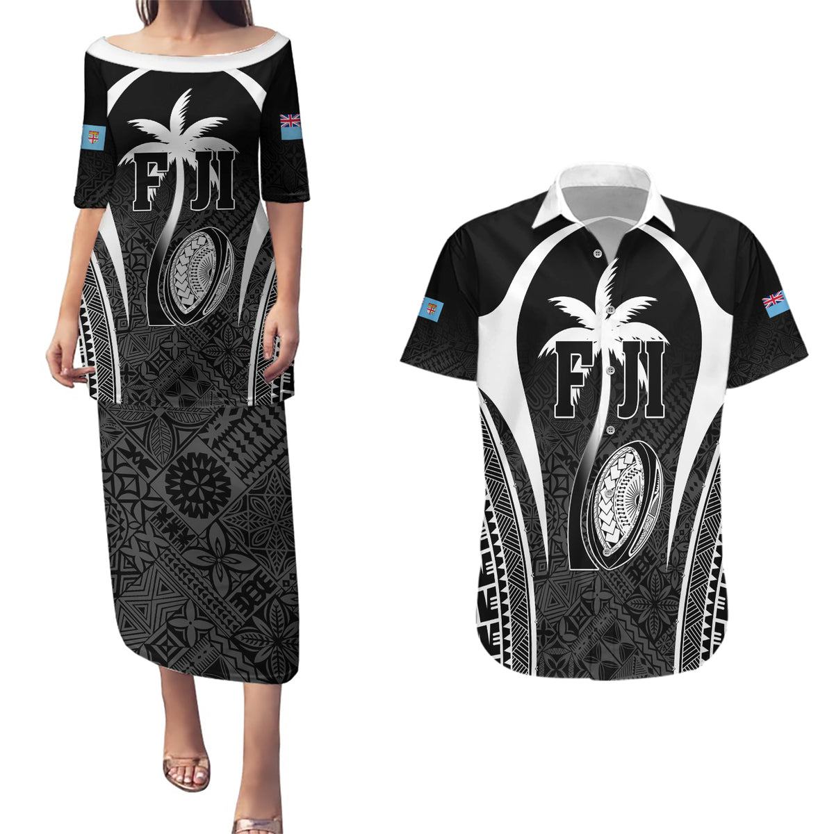 Custom Fiji Rugby Couples Matching Puletasi and Hawaiian Shirt Fijian Warrior Black LT05 Black - Polynesian Pride