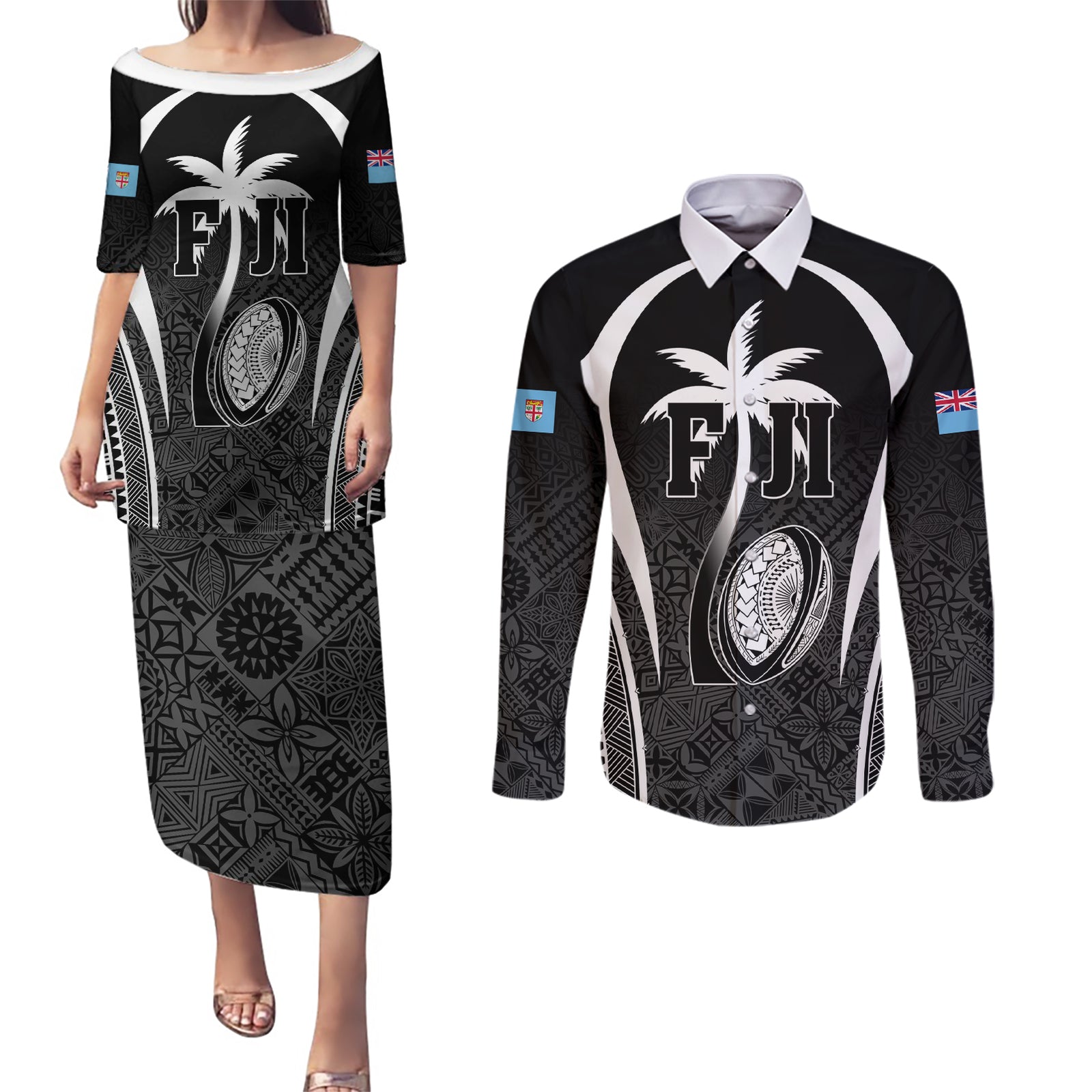 Custom Fiji Rugby Couples Matching Puletasi and Long Sleeve Button Shirt Fijian Warrior Black