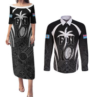 Custom Fiji Rugby Couples Matching Puletasi and Long Sleeve Button Shirt Fijian Warrior Black LT05 Black - Polynesian Pride