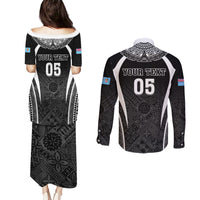 Custom Fiji Rugby Couples Matching Puletasi and Long Sleeve Button Shirt Fijian Warrior Black LT05 - Polynesian Pride