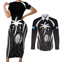 Custom Fiji Rugby Couples Matching Short Sleeve Bodycon Dress and Long Sleeve Button Shirt Fijian Warrior Black