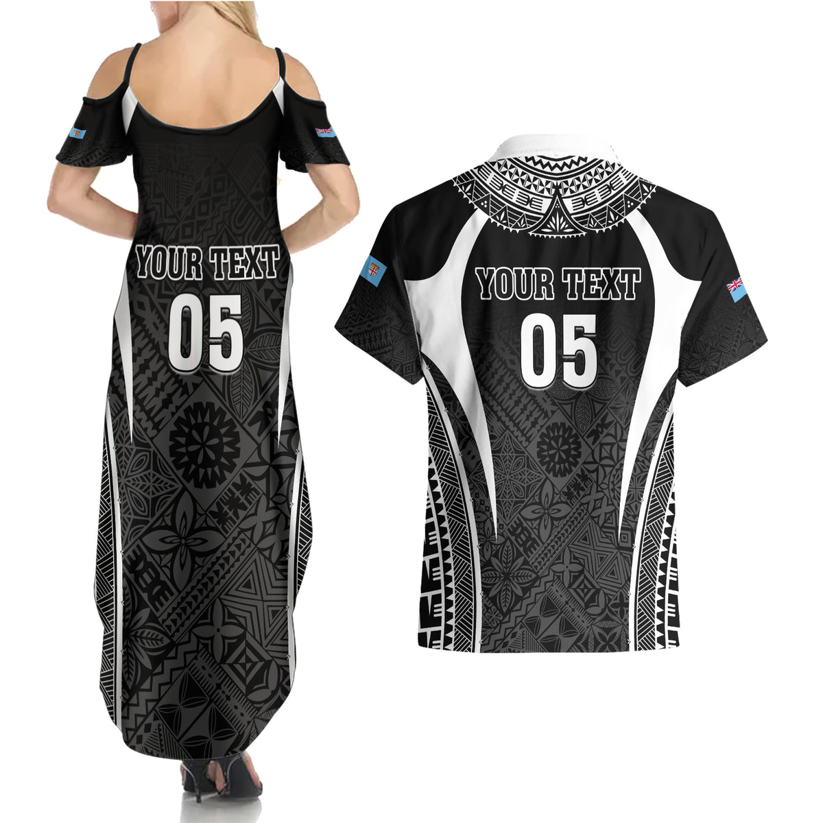Custom Fiji Rugby Couples Matching Summer Maxi Dress and Hawaiian Shirt Fijian Warrior Black