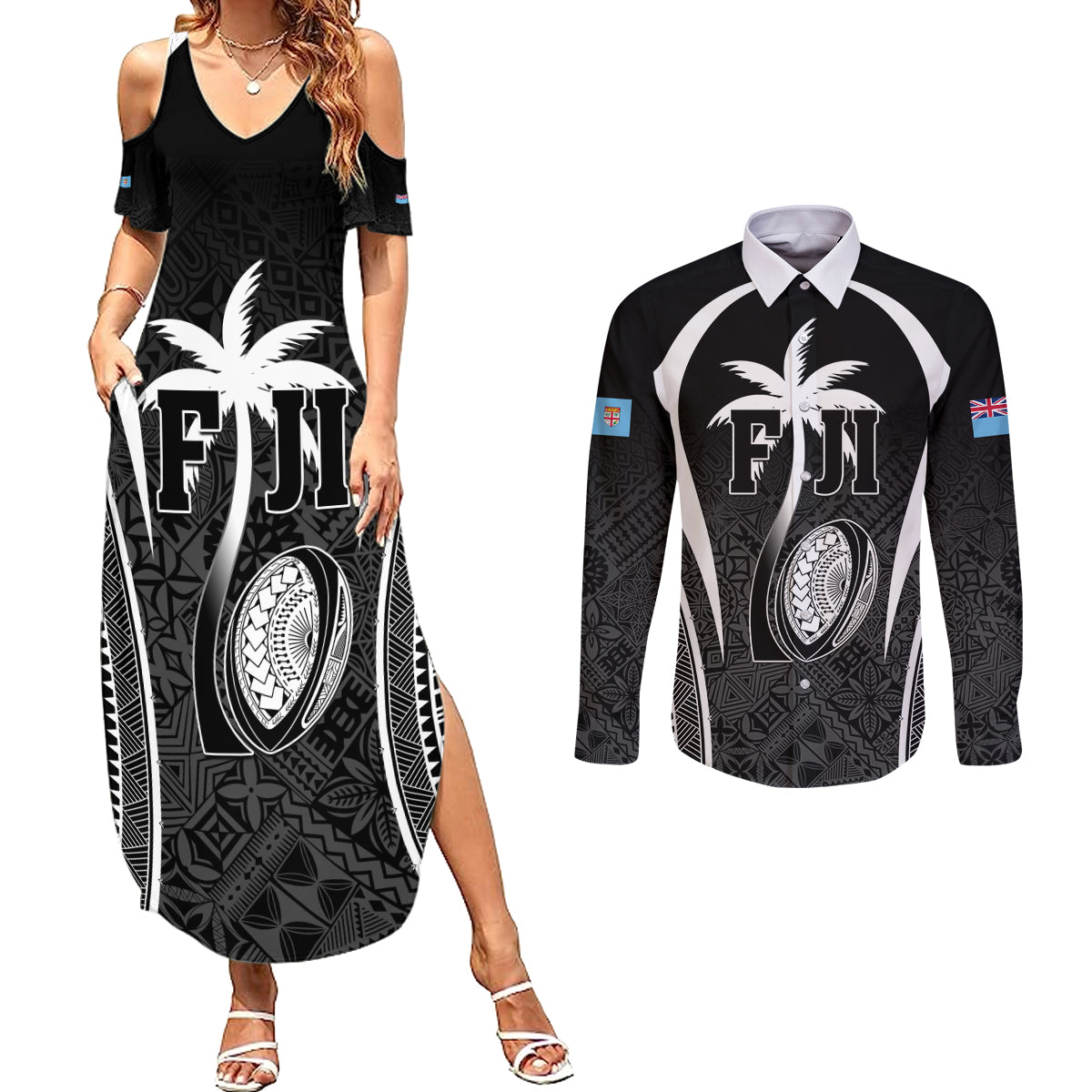 Custom Fiji Rugby Couples Matching Summer Maxi Dress and Long Sleeve Button Shirt Fijian Warrior Black