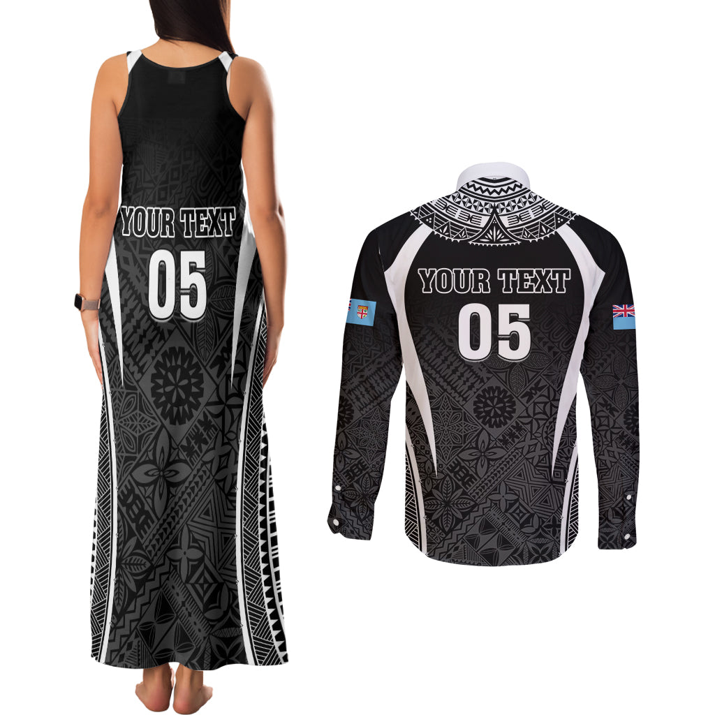 Custom Fiji Rugby Couples Matching Tank Maxi Dress and Long Sleeve Button Shirt Fijian Warrior Black