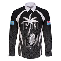 Custom Fiji Rugby Family Matching Off The Shoulder Long Sleeve Dress and Hawaiian Shirt Fijian Warrior Black
