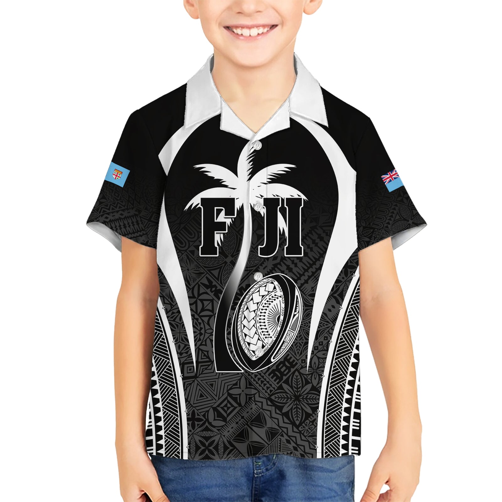 Custom Fiji Rugby Kid Hawaiian Shirt Fijian Warrior Black LT05 Kid Black - Polynesian Pride