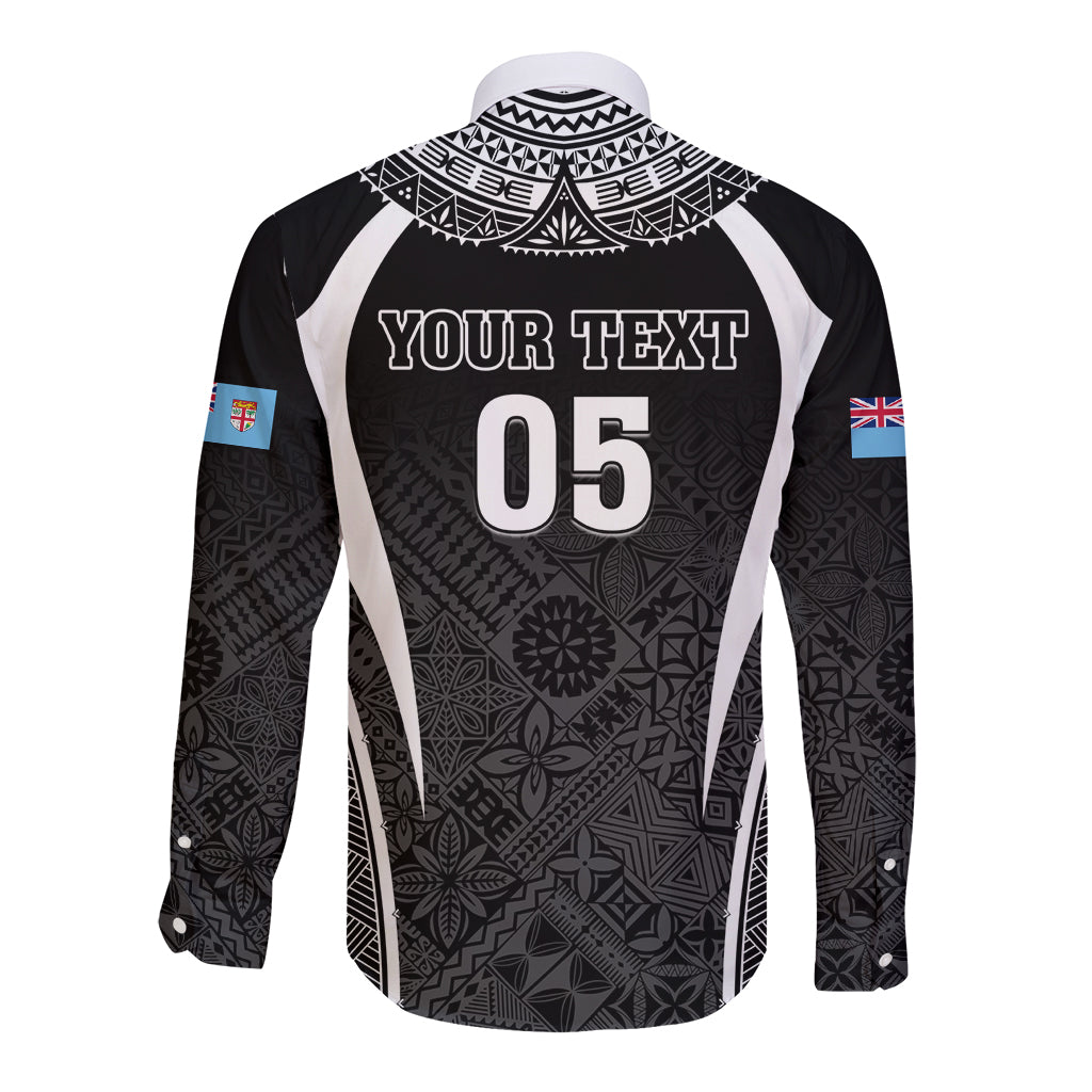 Custom Fiji Rugby Long Sleeve Button Shirt Fijian Warrior Black LT05 - Polynesian Pride