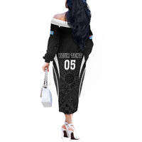 Custom Fiji Rugby Off The Shoulder Long Sleeve Dress Fijian Warrior Black LT05 - Polynesian Pride