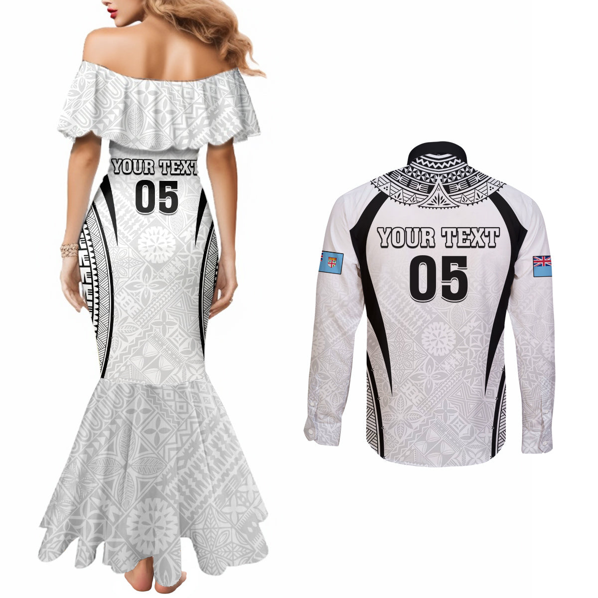 Custom Fiji Rugby Couples Matching Mermaid Dress and Long Sleeve Button Shirt Fijian Warrior White