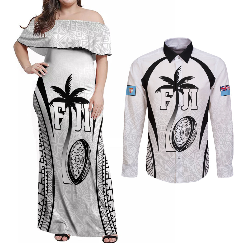 Custom Fiji Rugby Couples Matching Off Shoulder Maxi Dress and Long Sleeve Button Shirt Fijian Warrior White