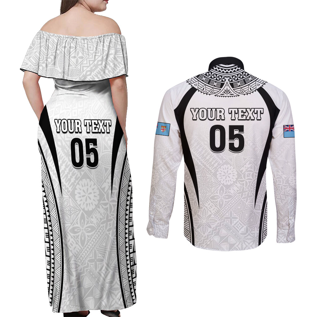 Custom Fiji Rugby Couples Matching Off Shoulder Maxi Dress and Long Sleeve Button Shirt Fijian Warrior White