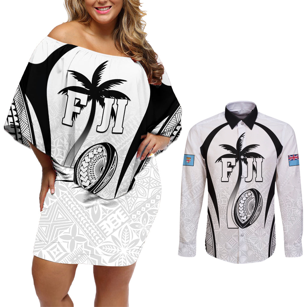 Custom Fiji Rugby Couples Matching Off Shoulder Short Dress and Long Sleeve Button Shirt Fijian Warrior White