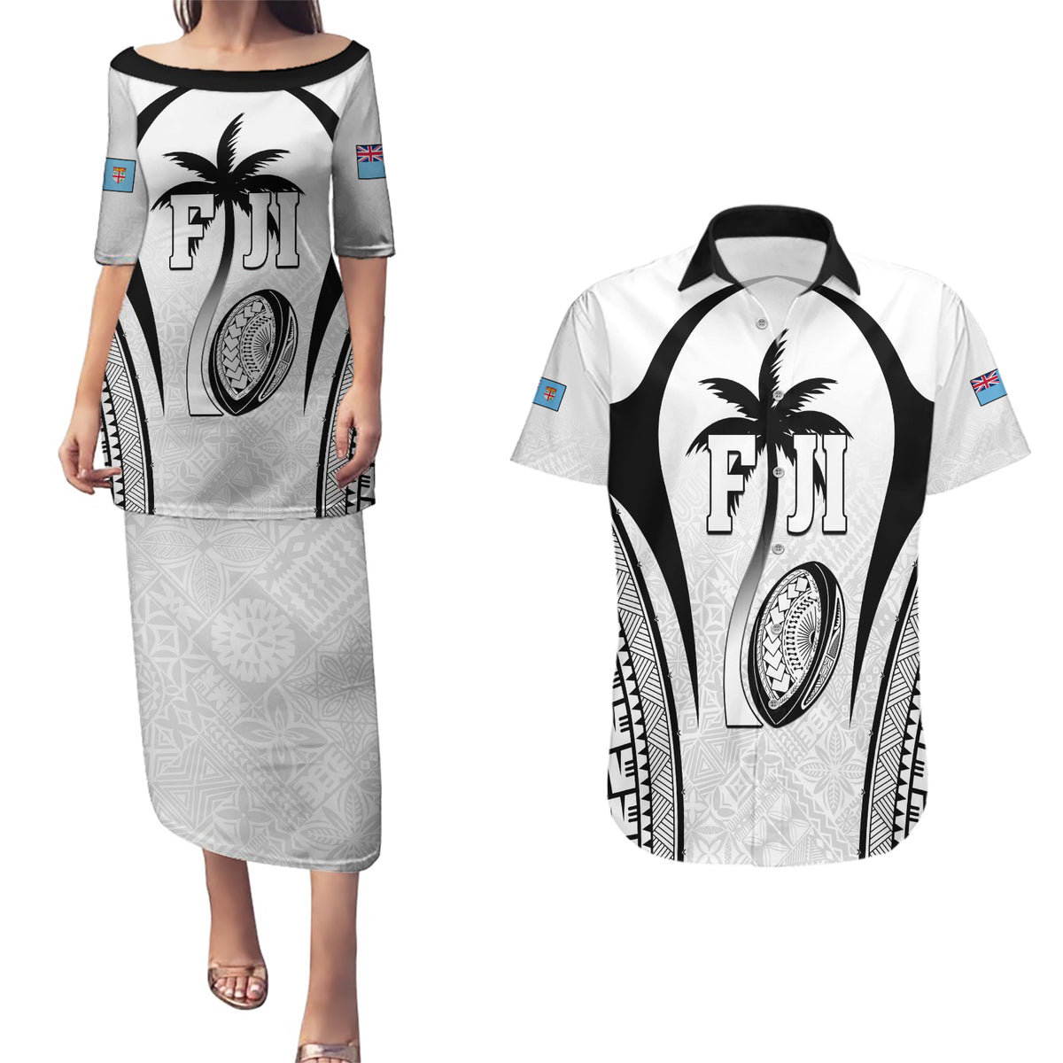 Custom Fiji Rugby Couples Matching Puletasi and Hawaiian Shirt Fijian Warrior White LT05 White - Polynesian Pride