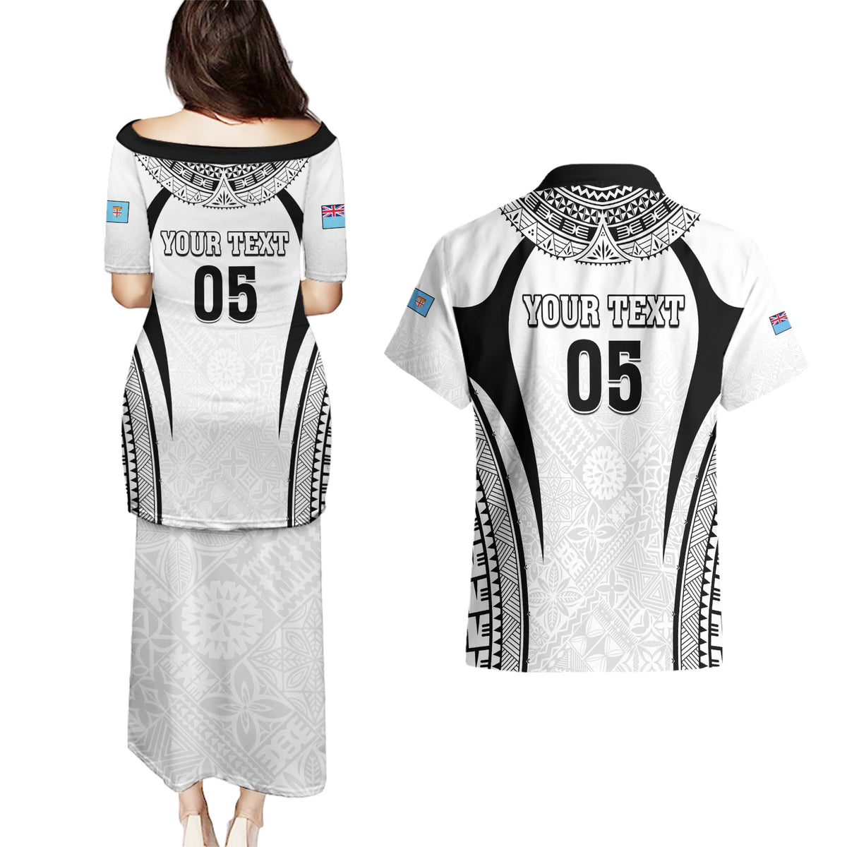 Custom Fiji Rugby Couples Matching Puletasi and Hawaiian Shirt Fijian Warrior White LT05 - Polynesian Pride