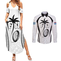 Custom Fiji Rugby Couples Matching Summer Maxi Dress and Long Sleeve Button Shirt Fijian Warrior White