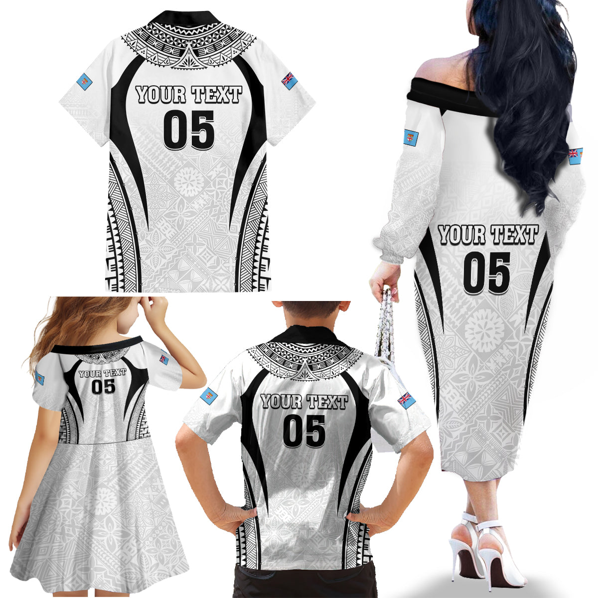 Custom Fiji Rugby Family Matching Off The Shoulder Long Sleeve Dress and Hawaiian Shirt Fijian Warrior White