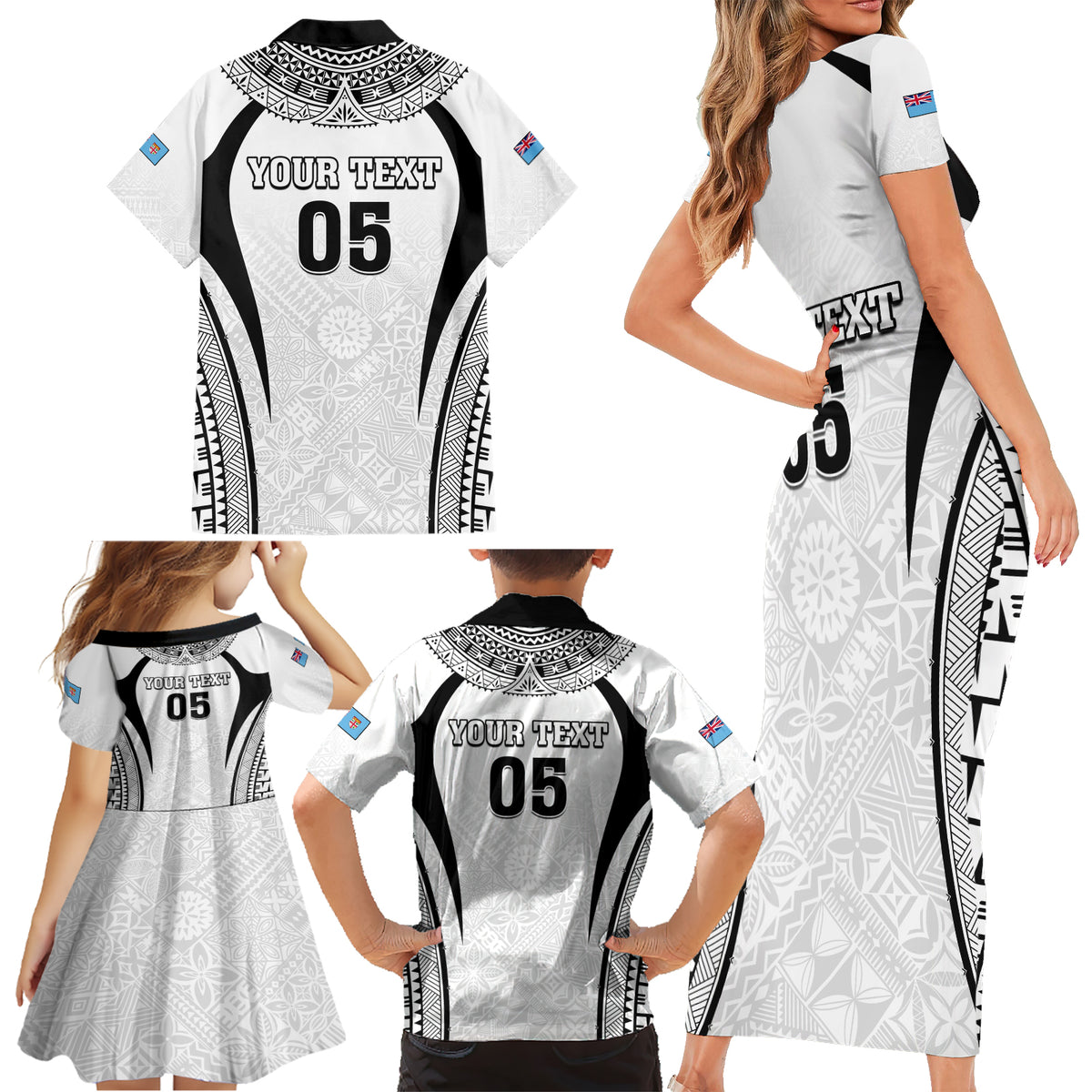 Custom Fiji Rugby Family Matching Short Sleeve Bodycon Dress and Hawaiian Shirt Fijian Warrior White