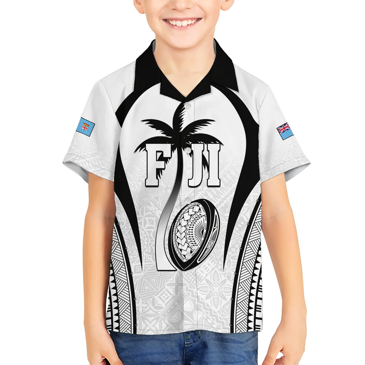 Custom Fiji Rugby Family Matching Short Sleeve Bodycon Dress and Hawaiian Shirt Fijian Warrior White