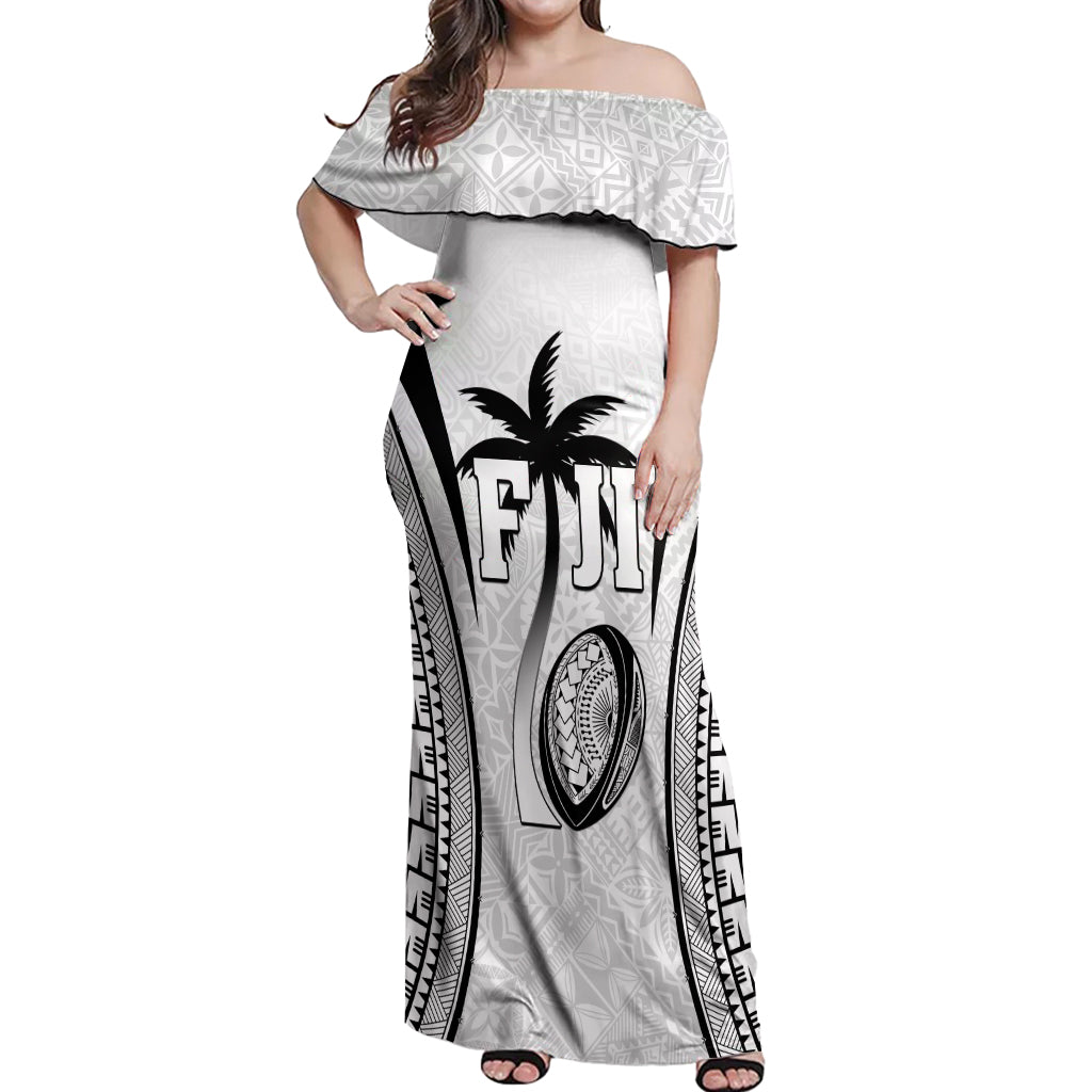 Custom Fiji Rugby Off Shoulder Maxi Dress Fijian Warrior White