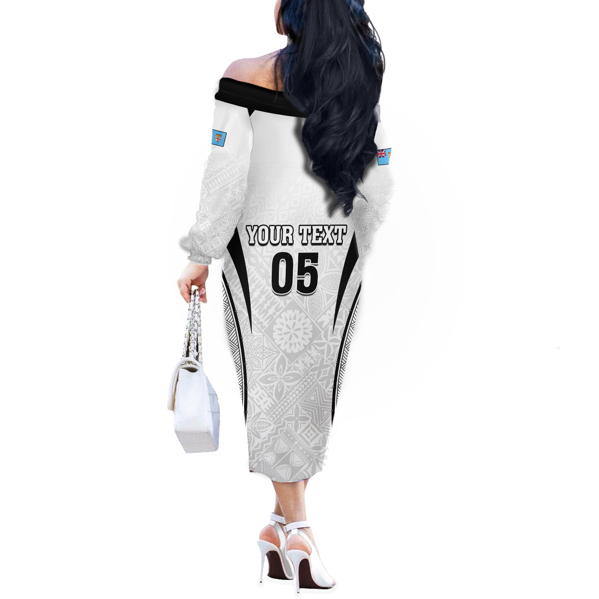 Custom Fiji Rugby Off The Shoulder Long Sleeve Dress Fijian Warrior White LT05 - Polynesian Pride