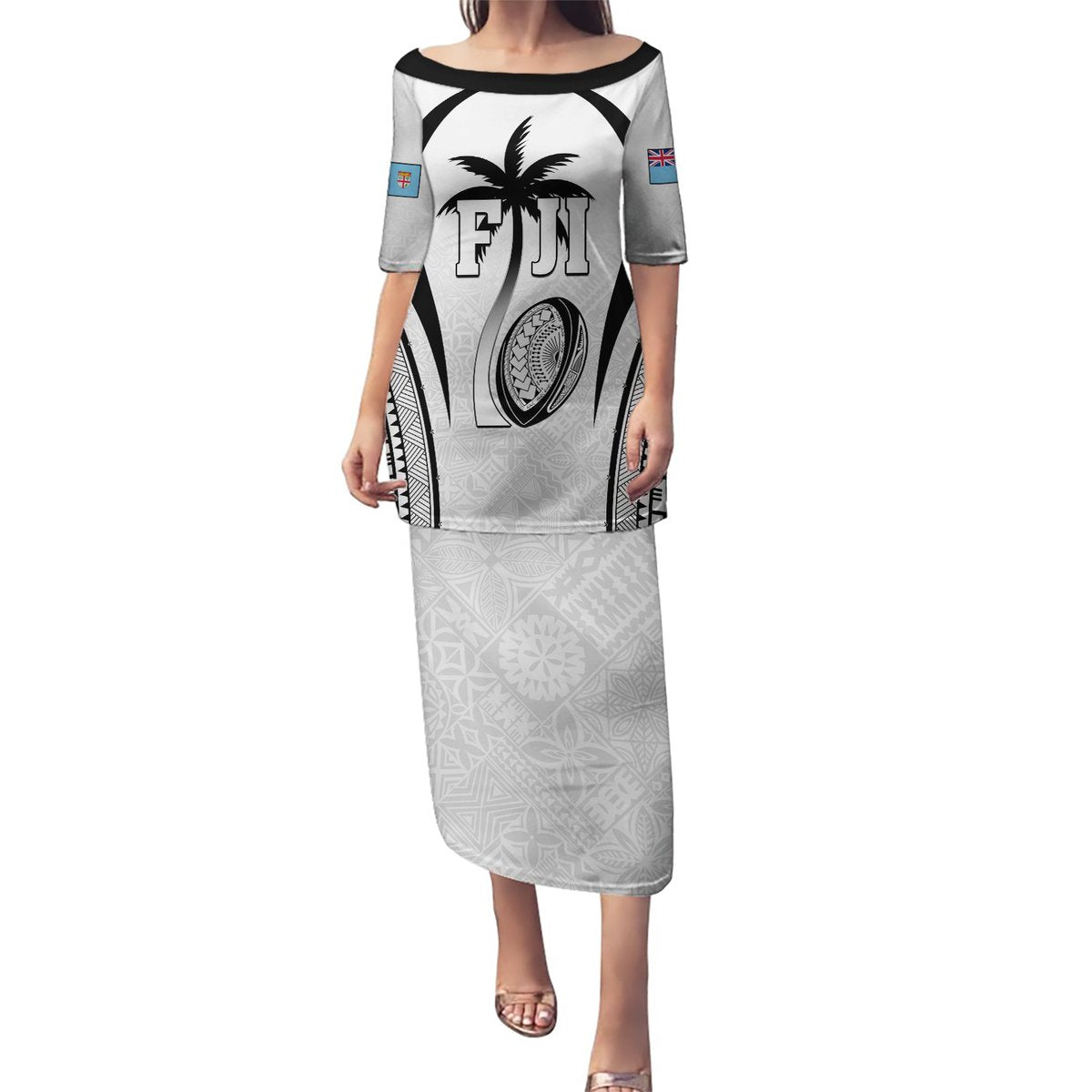 Custom Fiji Rugby Puletasi Fijian Warrior White LT05 Long Dress White - Polynesian Pride
