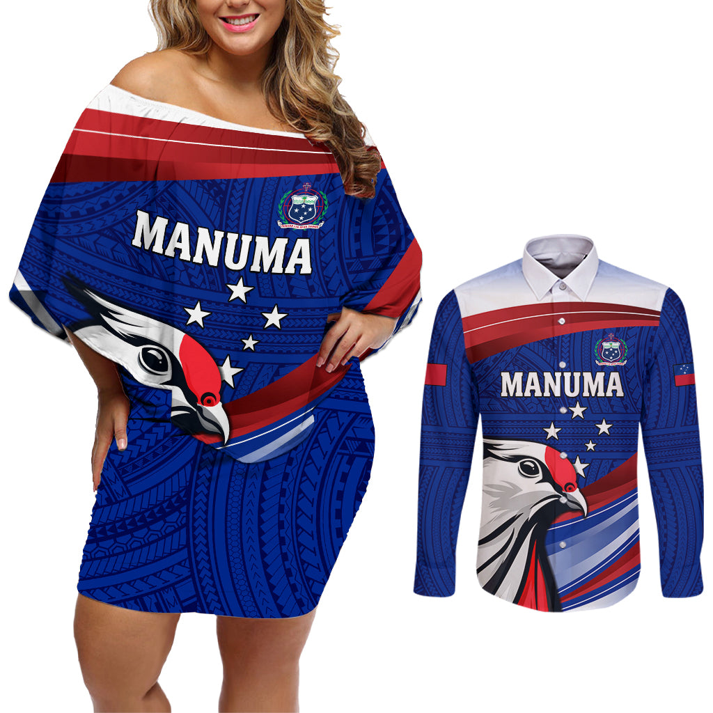 Custom Samoa Rugby Couples Matching Off Shoulder Short Dress and Long Sleeve Button Shirt Manuma Ptilinopus Perousii