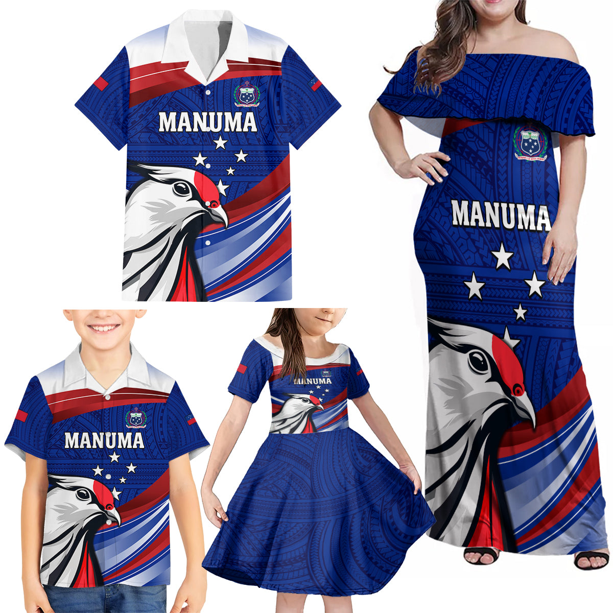 Custom Samoa Rugby Family Matching Off Shoulder Maxi Dress and Hawaiian Shirt Manuma Ptilinopus Perousii