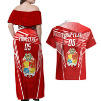 Custom Tonga Rugby Couples Matching Off Shoulder Maxi Dress and Hawaiian Shirt Kupesi Ngatu Pattern