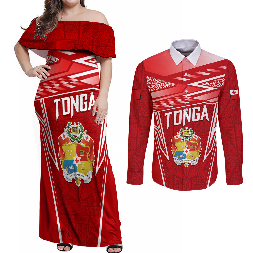 Custom Tonga Rugby Couples Matching Off Shoulder Maxi Dress and Long Sleeve Button Shirt Kupesi Ngatu Pattern