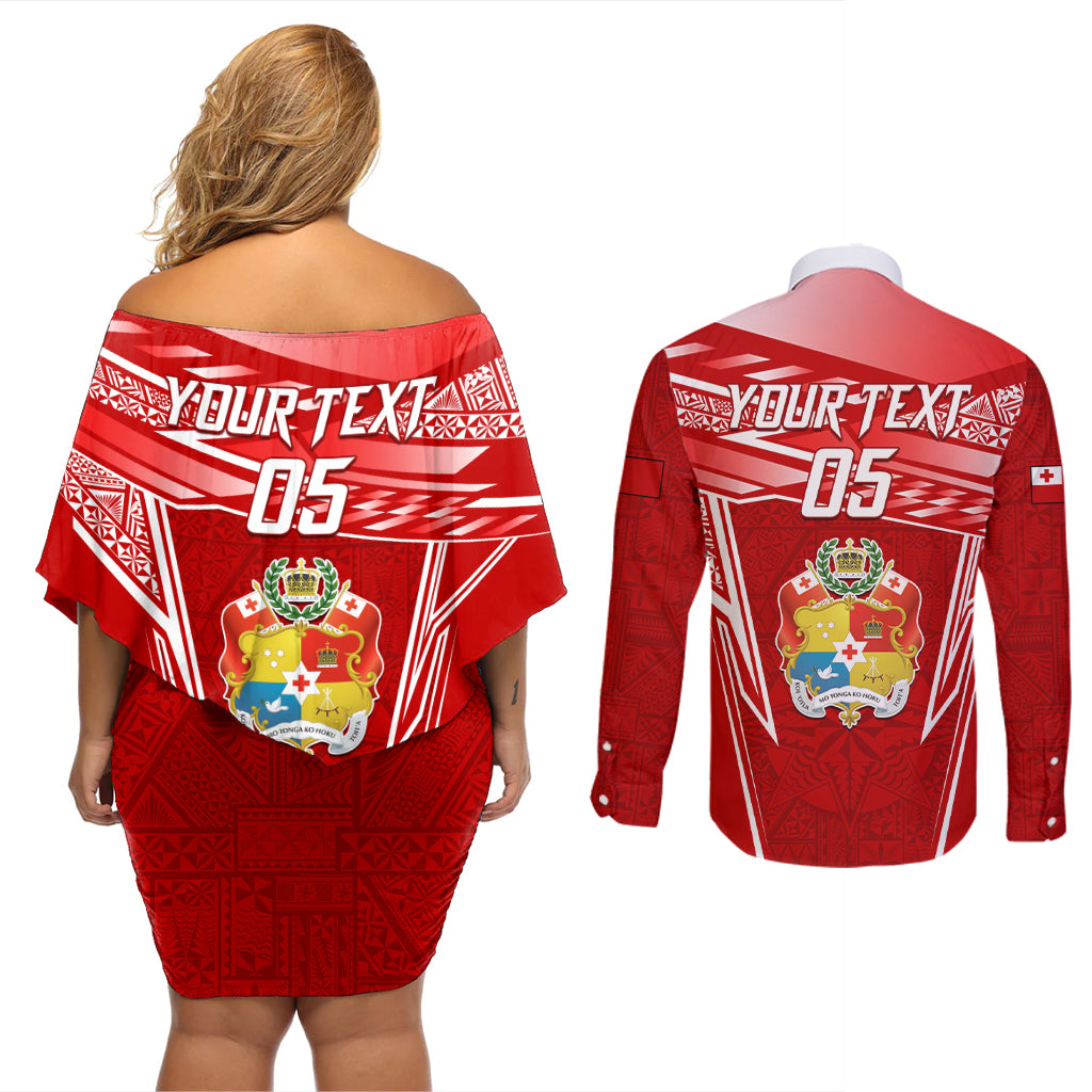 Custom Tonga Rugby Couples Matching Off Shoulder Short Dress and Long Sleeve Button Shirt Kupesi Ngatu Pattern