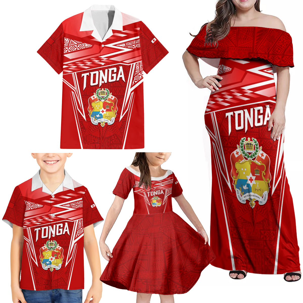 Custom Tonga Rugby Family Matching Off Shoulder Maxi Dress and Hawaiian Shirt Kupesi Ngatu Pattern