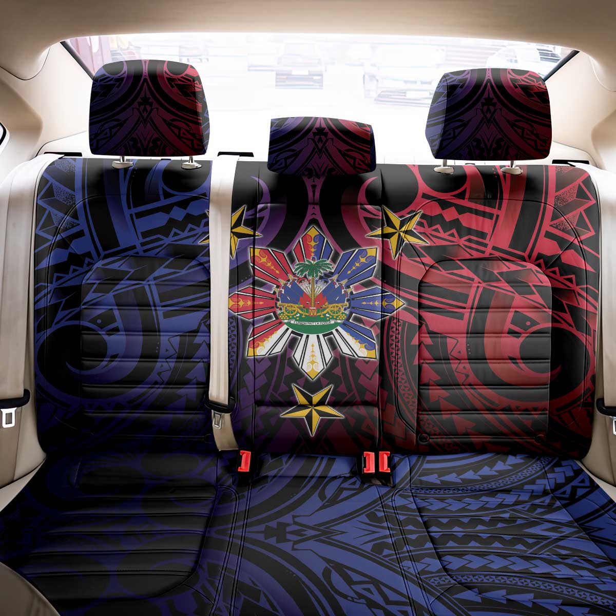 Haiti Philippines Back Car Seat Cover Haitian Coat Of Arms With Filipino Sun LT05 - Polynesian Pride
