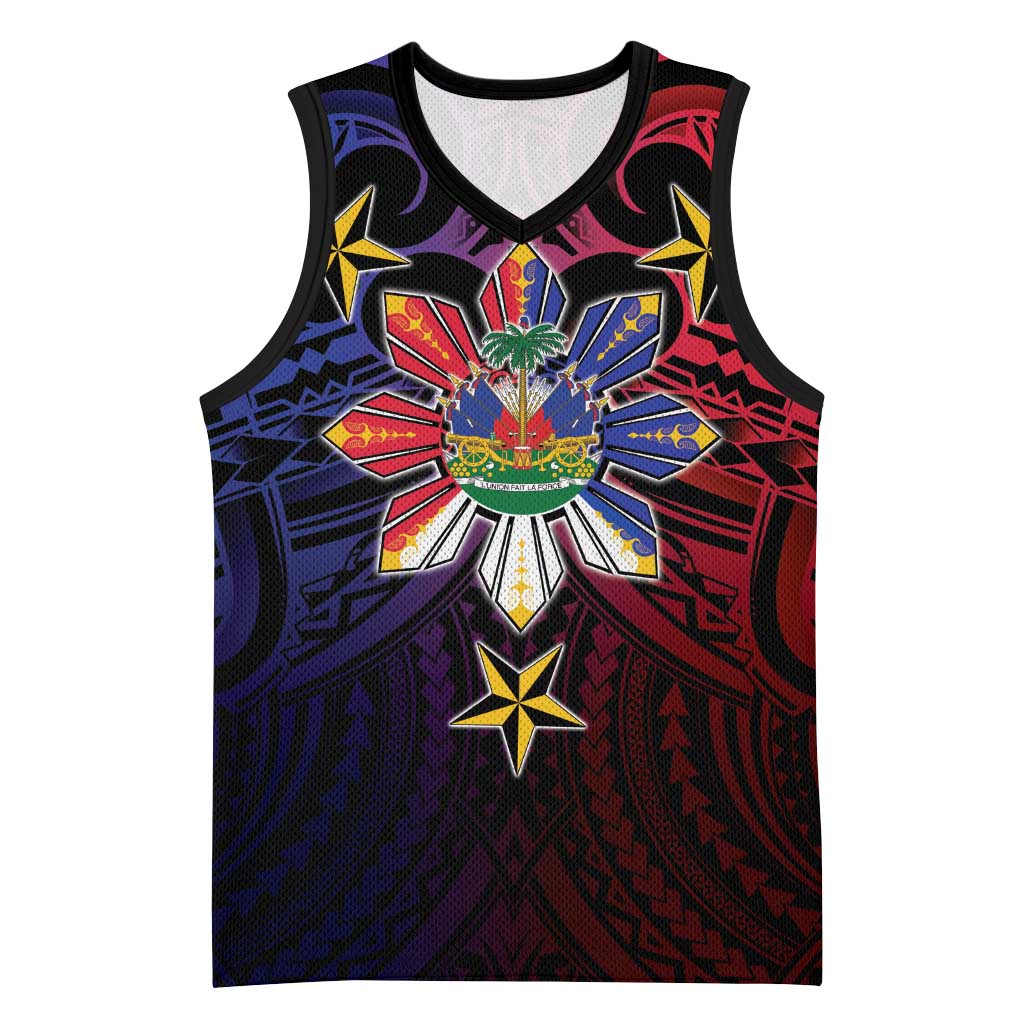 Haiti Philippines Basketball Jersey Haitian Coat Of Arms With Filipino Sun LT05 Unisex Black - Polynesian Pride