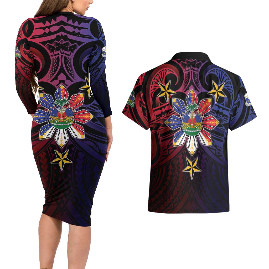 Haiti Philippines Couples Matching Long Sleeve Bodycon Dress and Hawaiian Shirt Haitian Coat Of Arms With Filipino Sun LT05 - Polynesian Pride