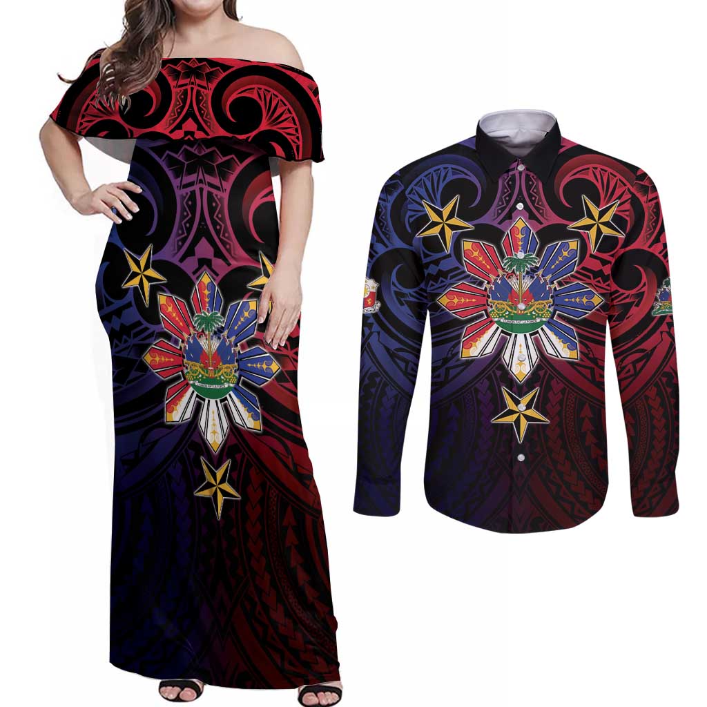 Haiti Philippines Couples Matching Off Shoulder Maxi Dress and Long Sleeve Button Shirt Haitian Coat Of Arms With Filipino Sun