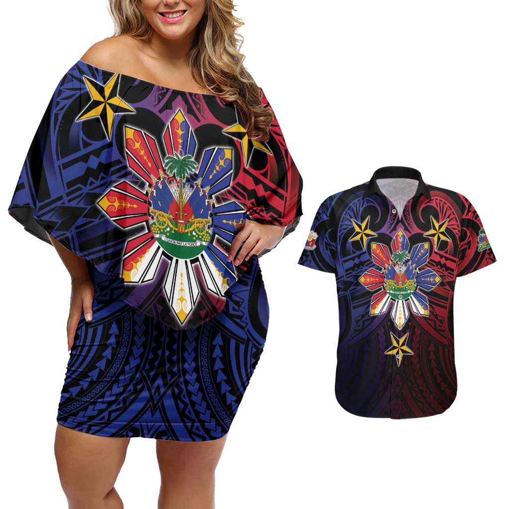 Haiti Philippines Couples Matching Off Shoulder Short Dress and Hawaiian Shirt Haitian Coat Of Arms With Filipino Sun LT05 Black - Polynesian Pride