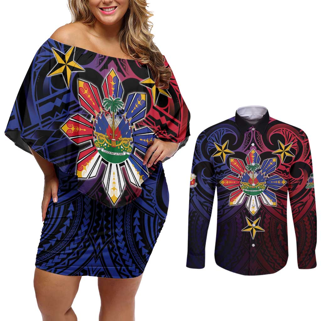 Haiti Philippines Couples Matching Off Shoulder Short Dress and Long Sleeve Button Shirt Haitian Coat Of Arms With Filipino Sun
