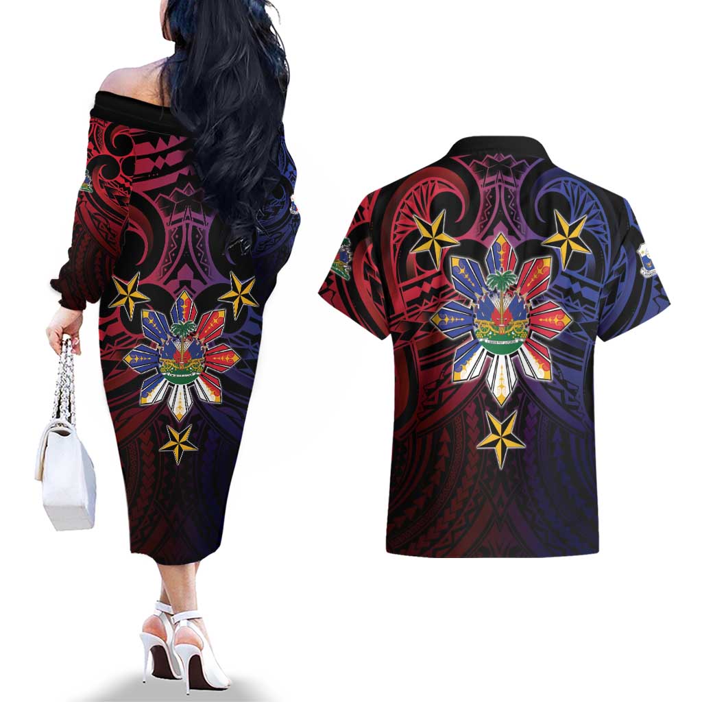 Haiti Philippines Couples Matching Off The Shoulder Long Sleeve Dress and Hawaiian Shirt Haitian Coat Of Arms With Filipino Sun LT05 - Polynesian Pride