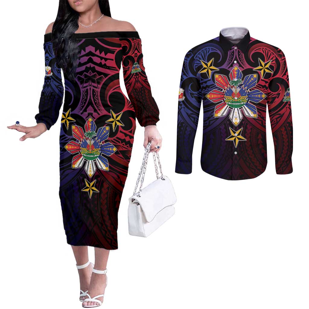 Haiti Philippines Couples Matching Off The Shoulder Long Sleeve Dress and Long Sleeve Button Shirt Haitian Coat Of Arms With Filipino Sun