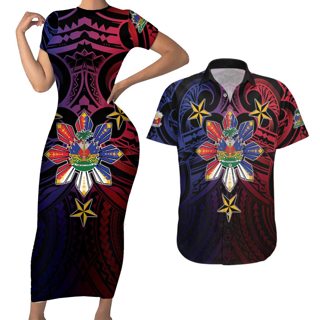 Haiti Philippines Couples Matching Short Sleeve Bodycon Dress and Hawaiian Shirt Haitian Coat Of Arms With Filipino Sun