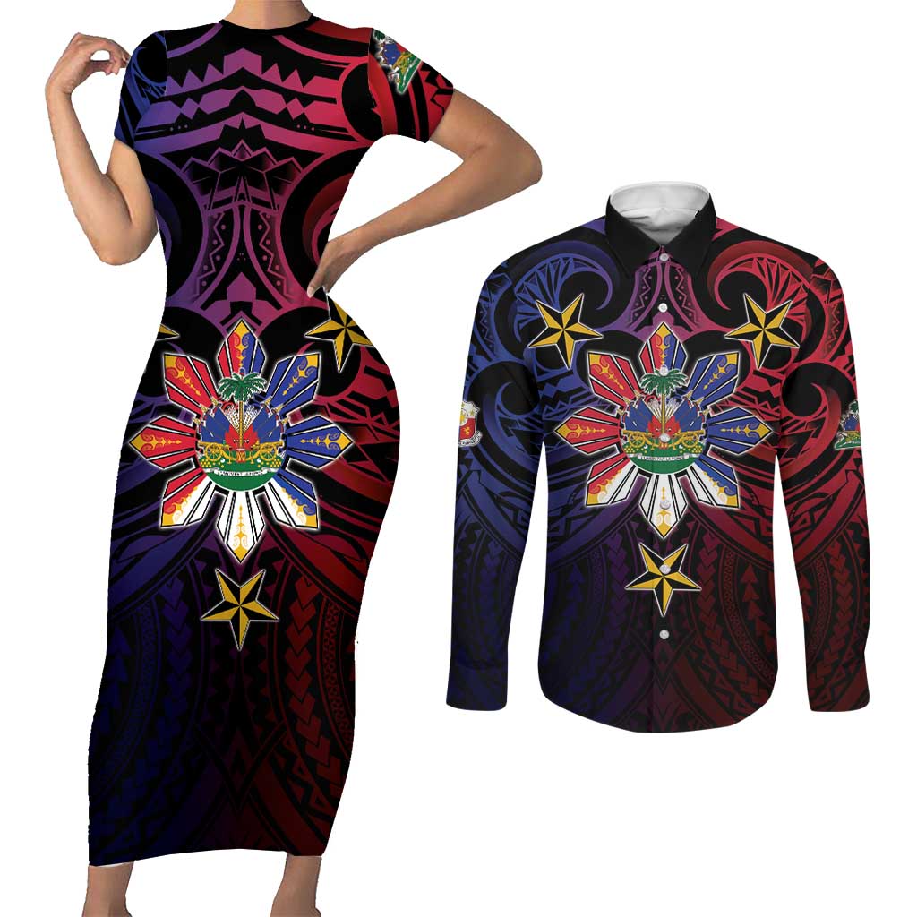 Haiti Philippines Couples Matching Short Sleeve Bodycon Dress and Long Sleeve Button Shirt Haitian Coat Of Arms With Filipino Sun LT05 Black - Polynesian Pride